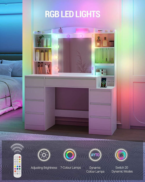 White 47 Inch Vanity Desk Multicolor RGB LED Lighting