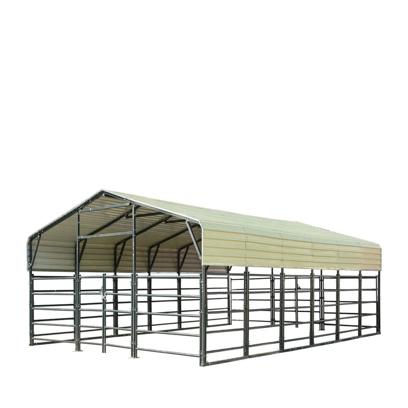 20' x 30' Livestock Corral Panel Metal Shed, 7' Sidewall Height, 5' Corral Panel Height, 600 Sq-Ft, 27 GA Corrugated Panels, TMG-MS2030LC