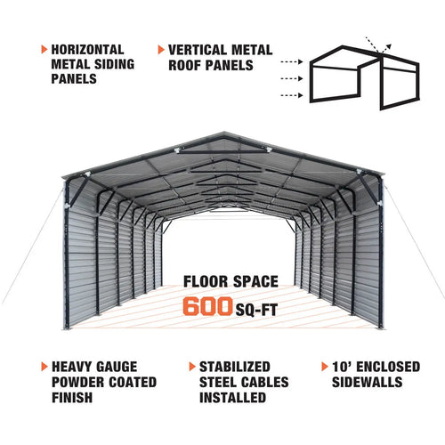 20' x 30' Metal Shed Carport, 10' Enclosed Sidewalls, 600 Sq-Ft, 27 GA Corrugated Panels, TMG-MSC2030F