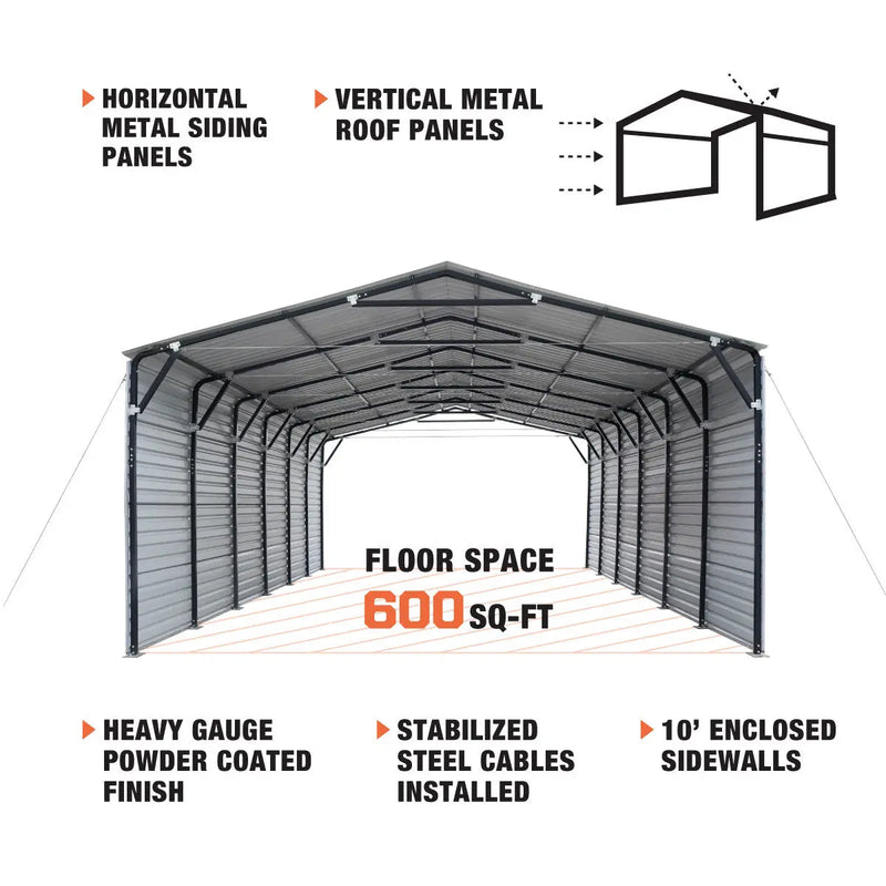 20' x 30' Metal Shed Carport, 10' Enclosed Sidewalls, 600 Sq-Ft, 27 GA Corrugated Panels, TMG-MSC2030F