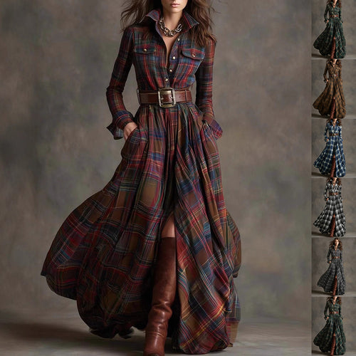 Ins Plaid Print Long-Sleeved Dress Fashion Pockets Collared Buttons Shirt Long Dresses Retro Women's Clothing