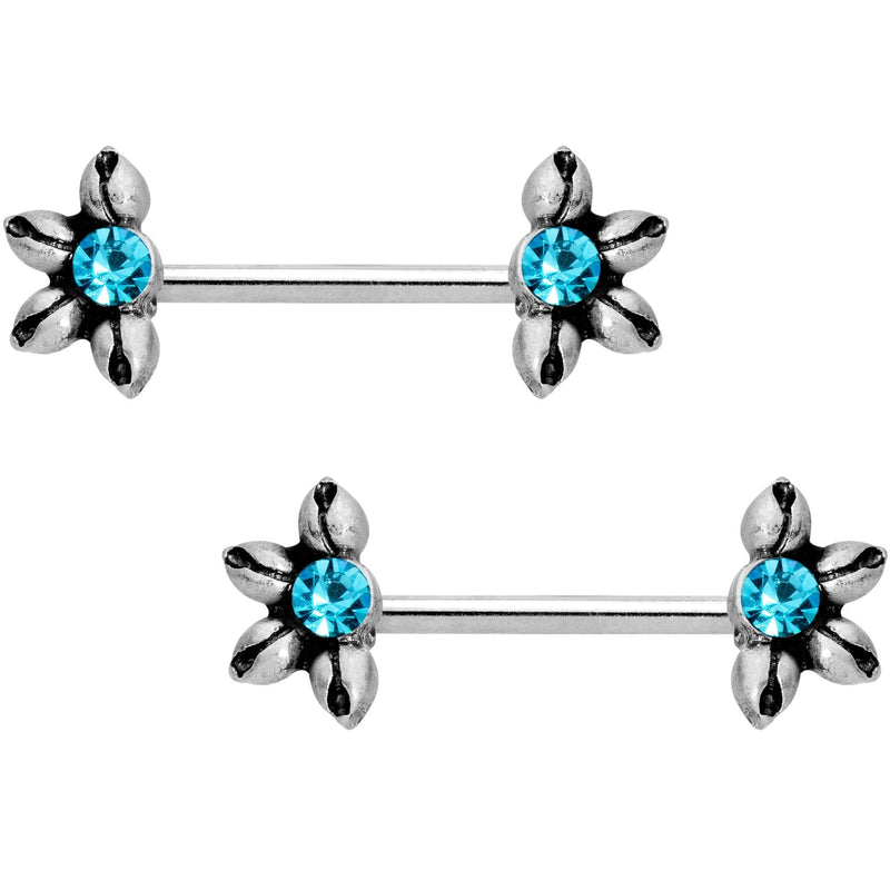 9/16 Aqua CZ Blooming Flower Barbell Nipple Ring Set