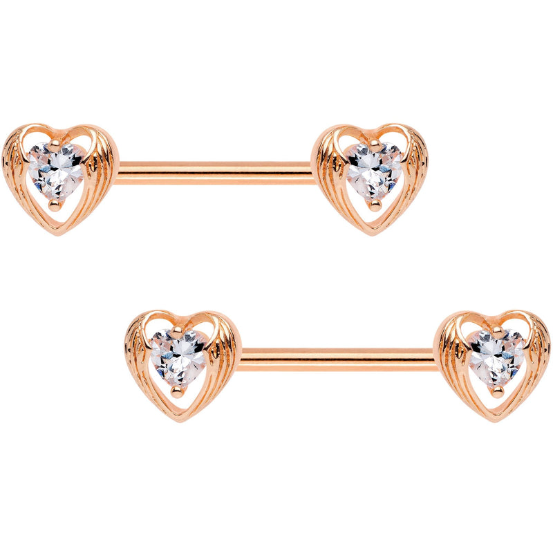 Clear CZ Rose Gold Tone Anodized Hugged Heart Barbell Nipple Ring Set