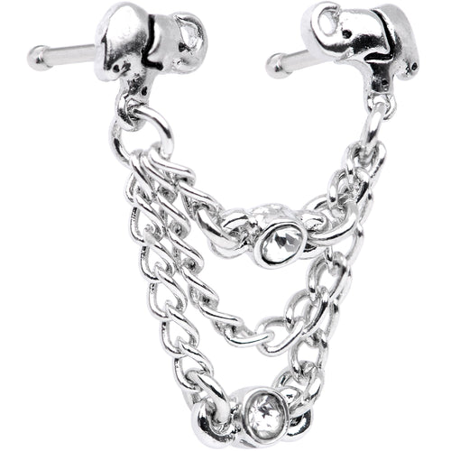 20G 1/4 Clear Gem Elephant Chain Dangle Double Nose Bone