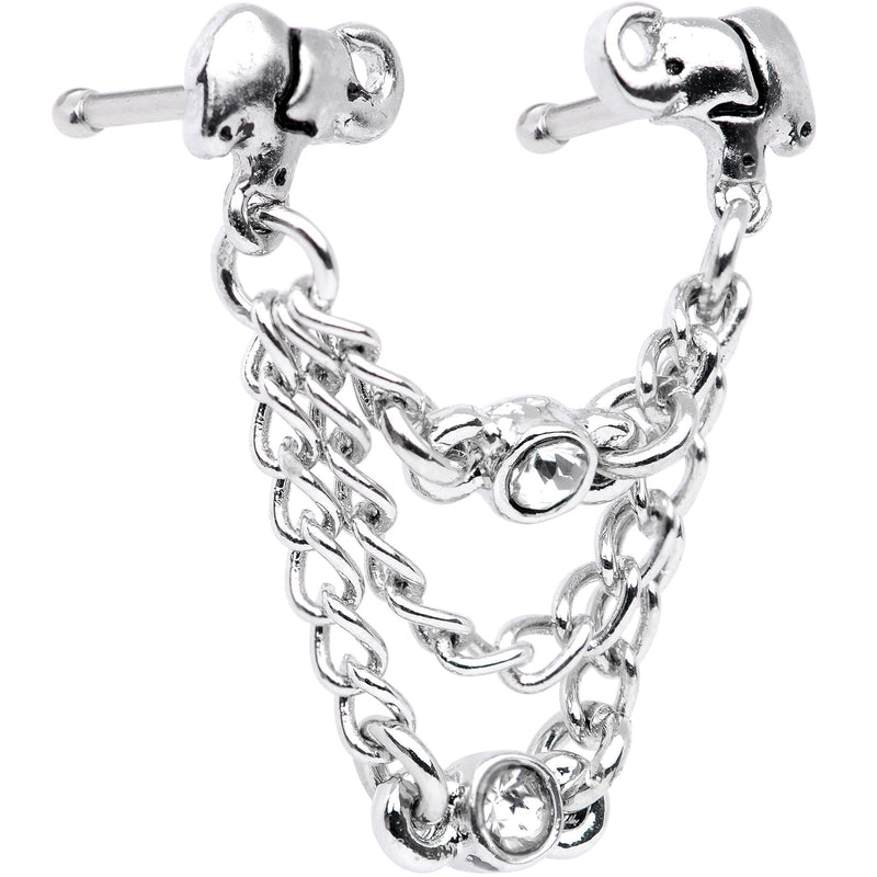 20G 1/4 Clear Gem Elephant Chain Dangle Double Nose Bone