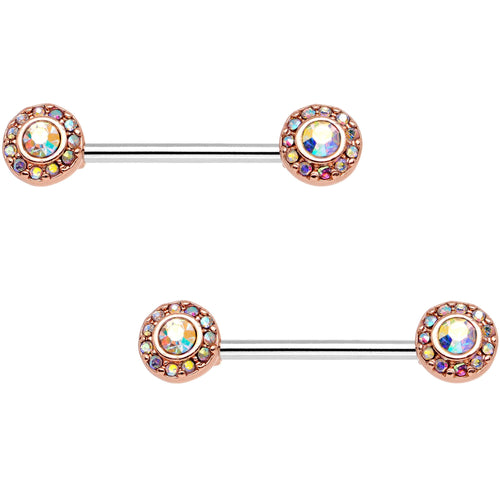 14G Aurora Gem Rose Gold Tone Cluster Barbell Nipple Ring Set