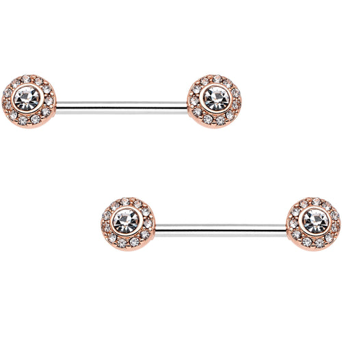 Clear Gem Rose Gold Tone Circular Cluster Barbell Nipple Ring Set