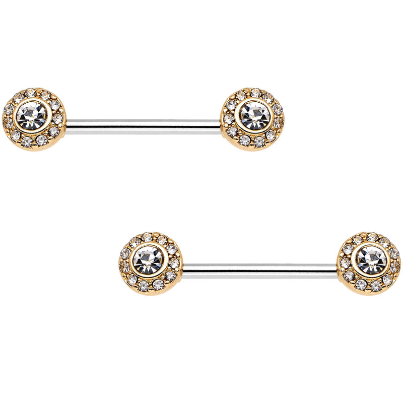 14G Clear Gem Gold Tone Circular Cluster Barbell Nipple Ring Set