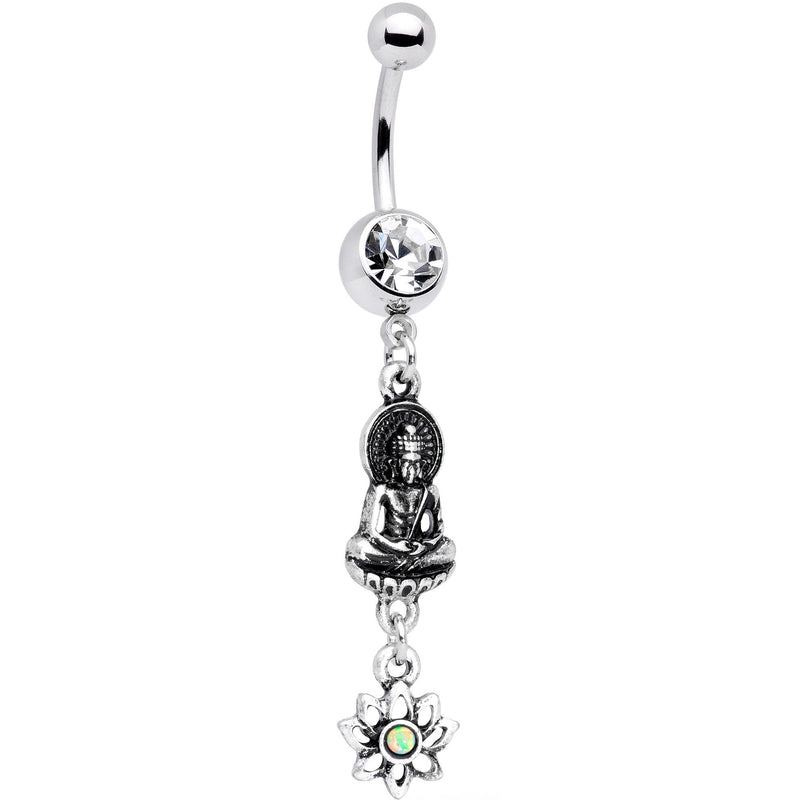 White Synthetic Opal Transcendent Buddha Lotus Flower Dangle Belly Ring