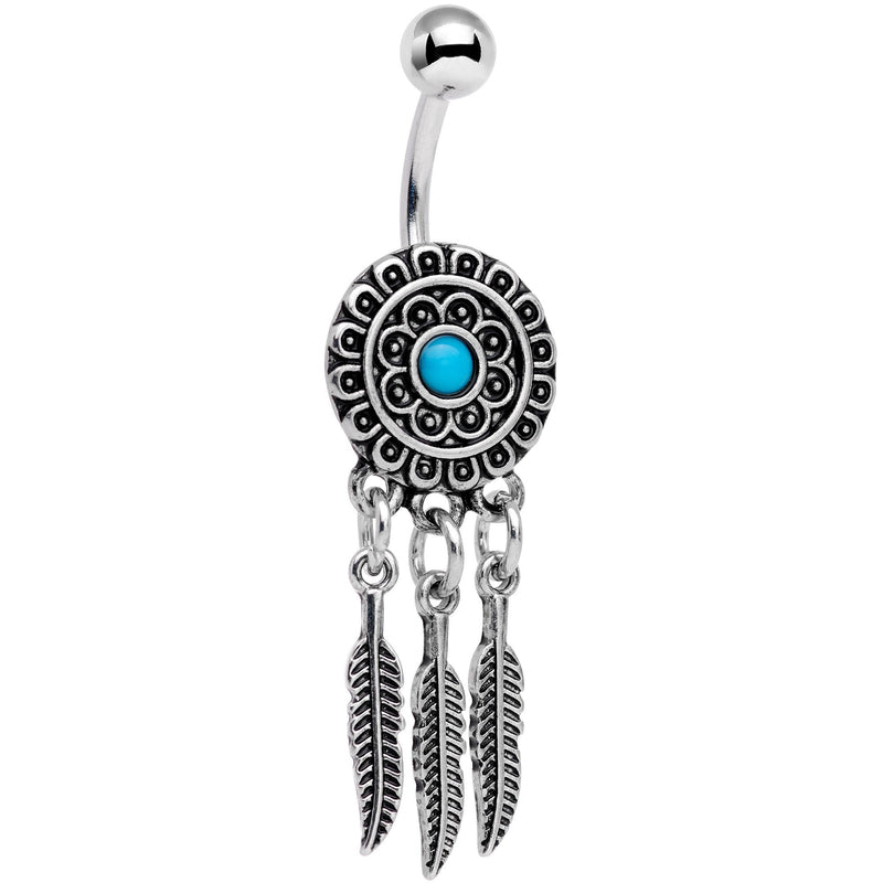 Southwestern Blue Orb Feather Dreamcatcher Dangle Belly Ring