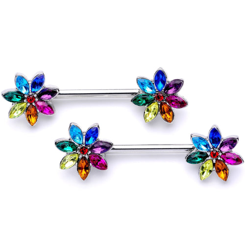 9/16 Rainbow CZ Gem Spectrum Flower Barbell Nipple Ring Set