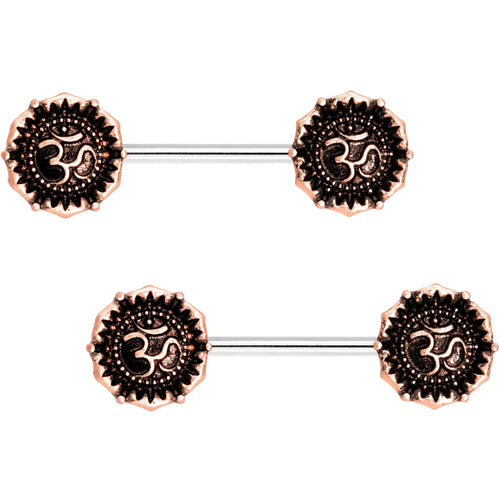 Rose Gold Tone Spiritual Ohm Symbol Barbell Nipple Ring Set