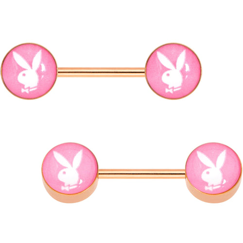 Licensed Pink White Playboy Bunny Gold Tone Barbell Nipple Ring Set