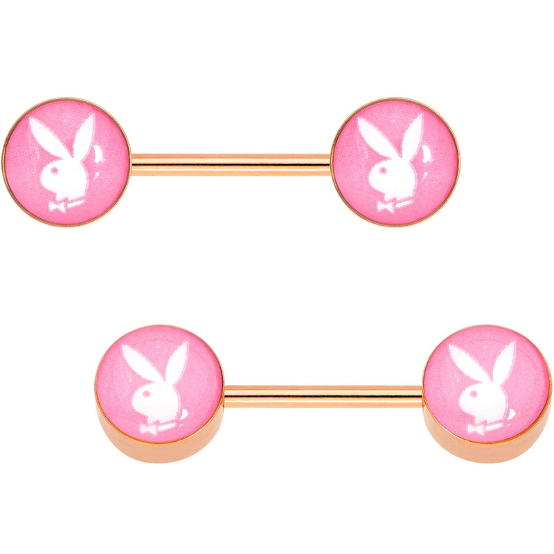 Licensed Pink White Playboy Bunny Gold Tone Barbell Nipple Ring Set