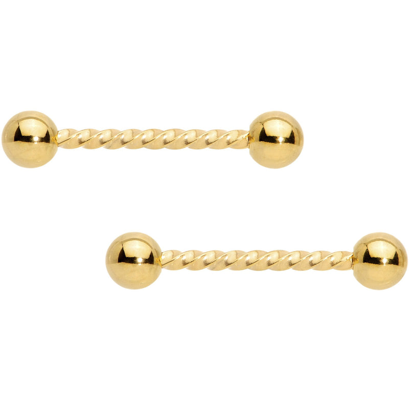 14G 5/8 Gold Tone Twisted Barbell Nipple Ring Set