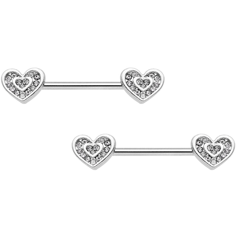 14G 5/8 Clear Gem Wrapped Hearts Barbell Nipple Ring Set