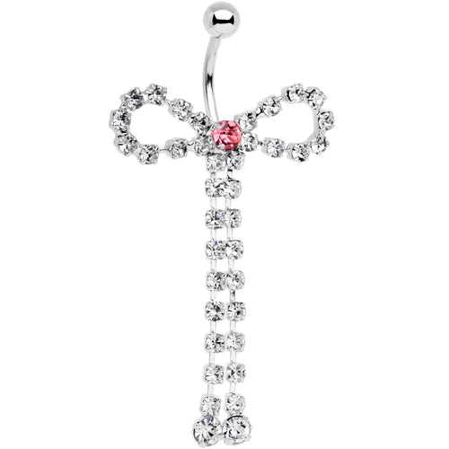 Pink Clear Gem Dainty Graceful Bow With Dangle Belly Ring