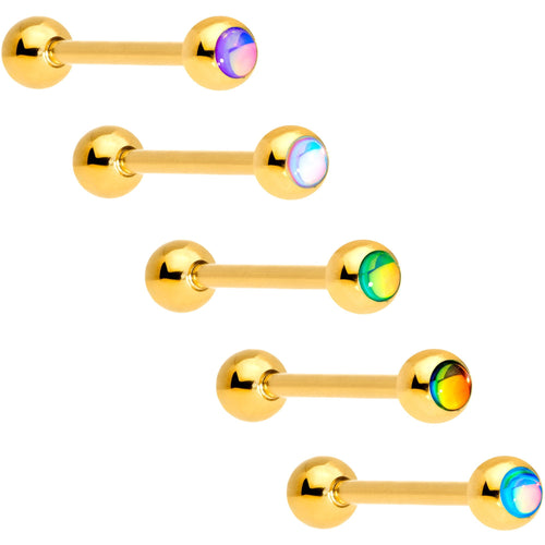 Aurora Gem Inlay Gold Tone Barbell Tongue Ring Set of 5