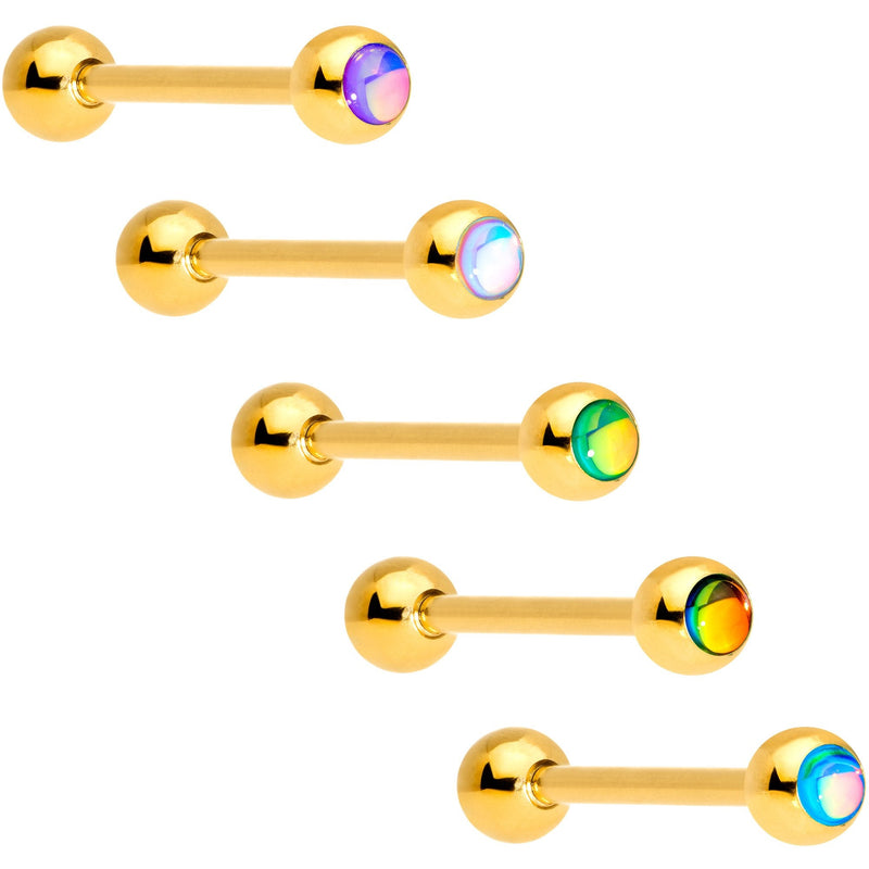 Aurora Gem Inlay Gold Tone Barbell Tongue Ring Set of 5