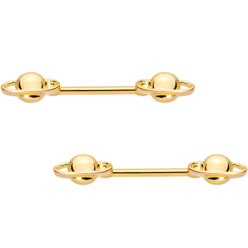 14G 9/16 Gold PVD Alien Spaceship Barbell Nipple Ring Set