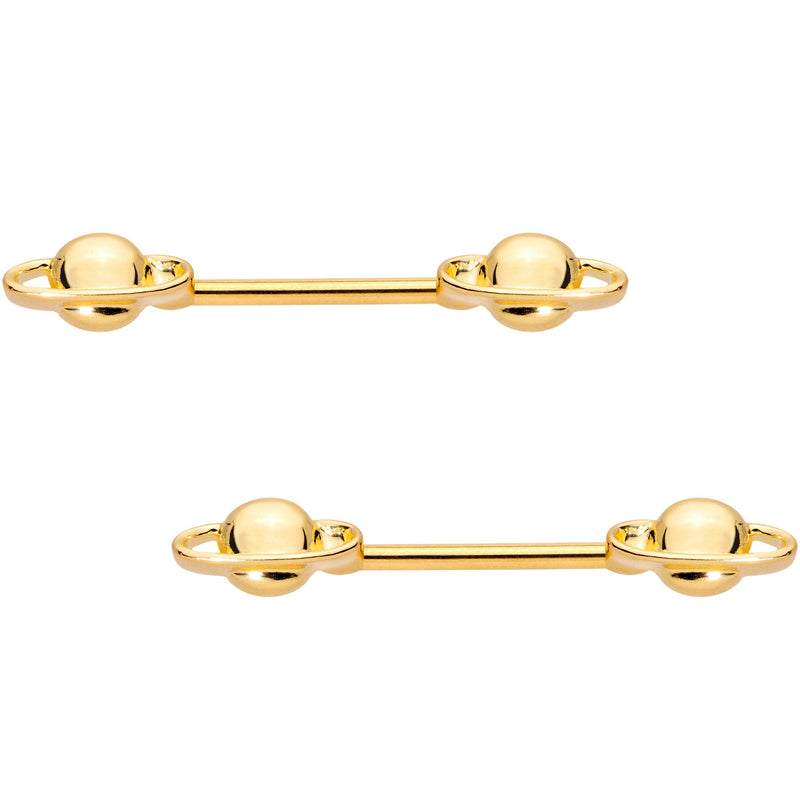 14G 9/16 Gold PVD Alien Spaceship Barbell Nipple Ring Set