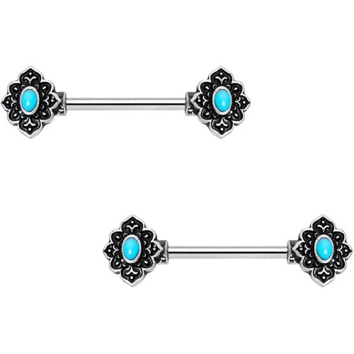 14G 9/16 Faux Turquoise Baroque Oval Barbell Nipple Ring Set