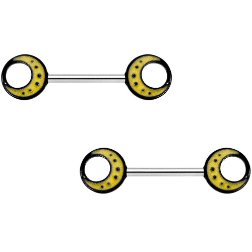 14G 9/16 Glow in the Dark Yellow Moon Barbell Nipple Ring Set