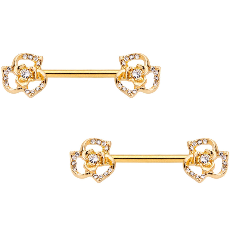 14G 9/16 Clear Gem Gold Tone Full Flower Barbell Nipple Ring Set
