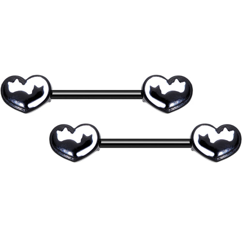 14G 9/16 Black White Silhouette Cat Lover Barbell Nipple Ring Set