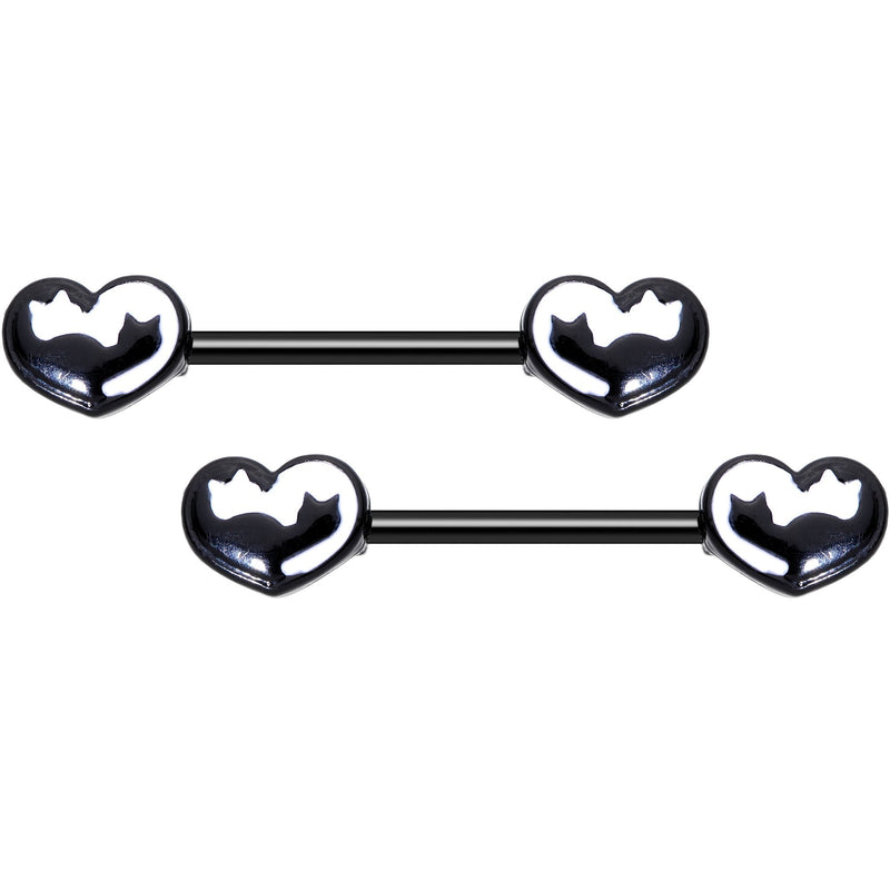 14G 9/16 Black White Silhouette Cat Lover Barbell Nipple Ring Set