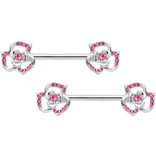 14G 9/16 Pink Gem Rose Flower Barbell Nipple Ring Set