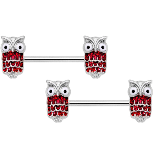 14G 9/16 Red Happy Holiday Hoot Owl Barbell Nipple Ring Set