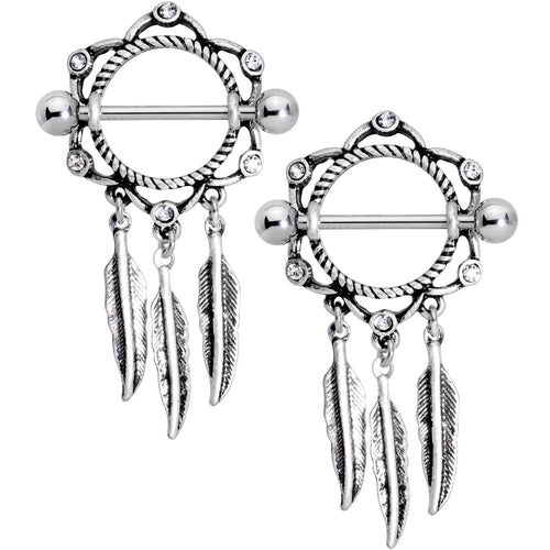 14G 9/16 Clear Gem Lotus Flower Feather Dangle Nipple Shield Set