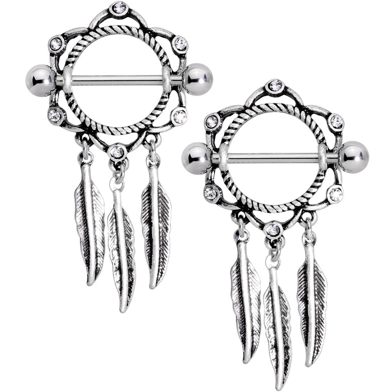 14G 9/16 Clear Gem Lotus Flower Feather Dangle Nipple Shield Set