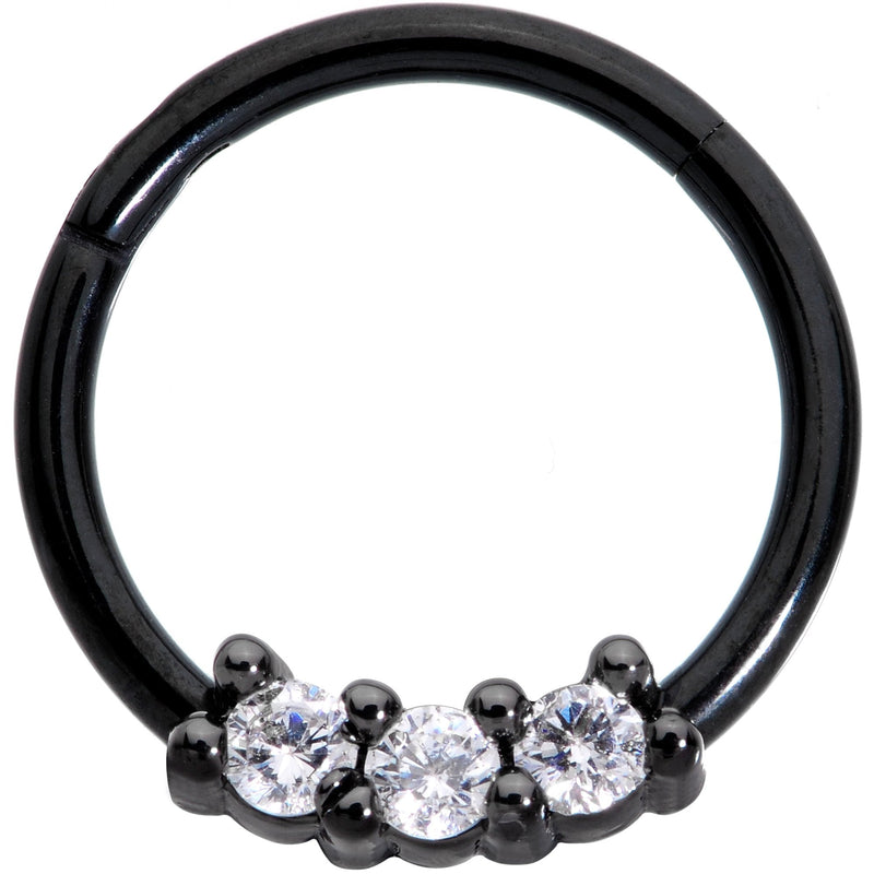 16G 3/8 Clear CZ Gem Black Trio Hinged Segment Ring