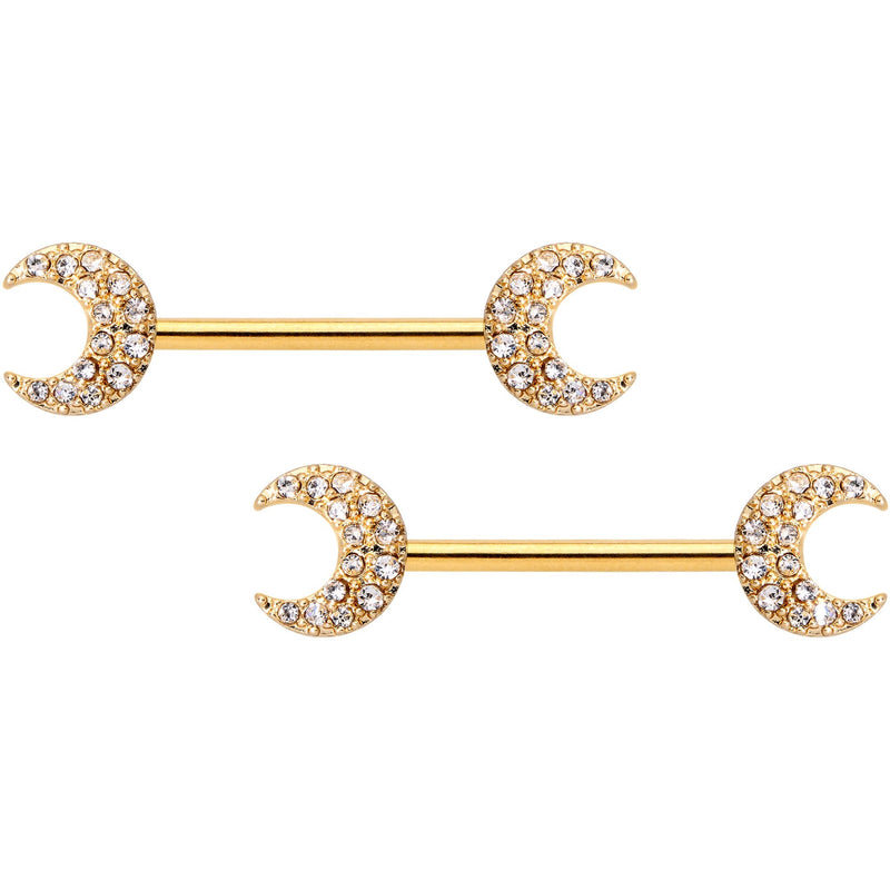 14G 9/16 Clear Gem Gold Tone Crescent Moon Barbell Nipple Ring Set