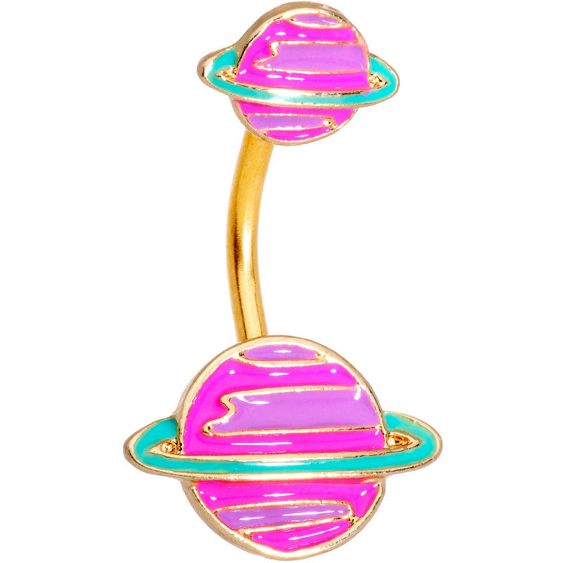 Gold Tone Pink Planet Saturn Double Mount Belly Ring
