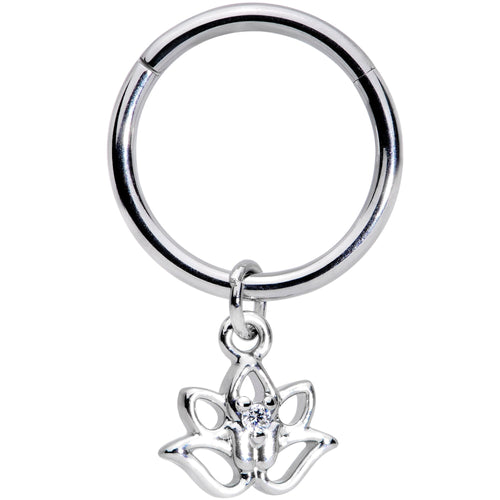 16G 3/8 Clear CZ Gem Lotus Flower Dangle Hinged Segment Ring