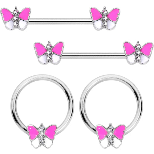 14G Pink White Inlay Butterfly BCR Barbell Nipple Ring Set of 4