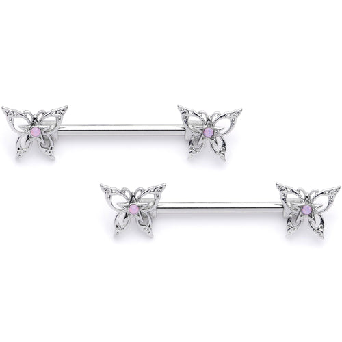 14G 9/16 Pink Faux Opal Lacy Butterfly Barbell Nipple Ring Set