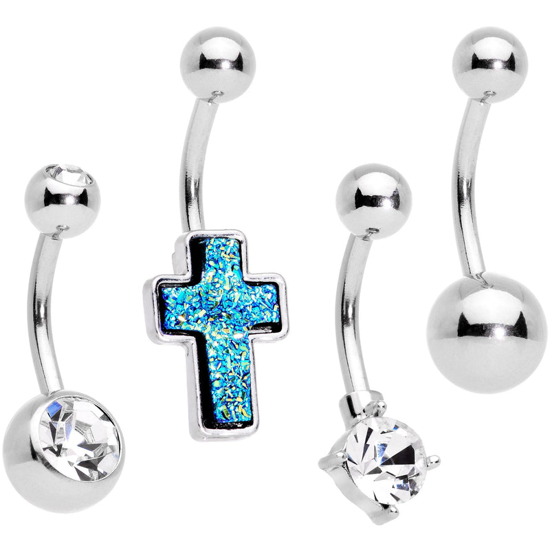 Clear Gem Blue Faux Druzy Cross Belly Ring Set of 4