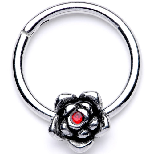 16G 3/8 Red Gem Tiny Flower Hinged Segment Ring