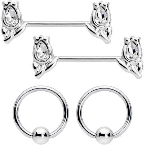 14G 7/16 1/2 Clear Gem Flowers BCR Barbell Nipple Ring Set of 4