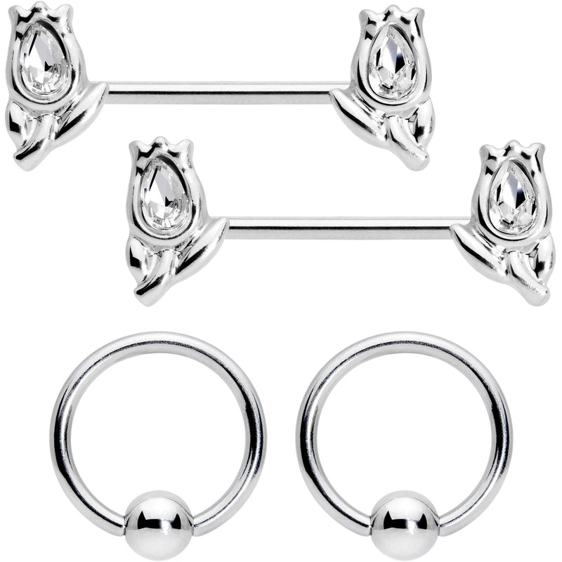 14G 7/16 1/2 Clear Gem Flowers BCR Barbell Nipple Ring Set of 4