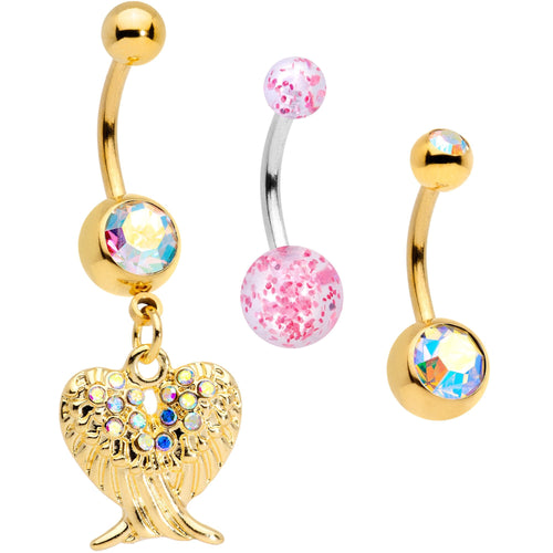 Aurora Gem Gold Tone Angel Wings Pink Confetti Belly Ring Set of 3