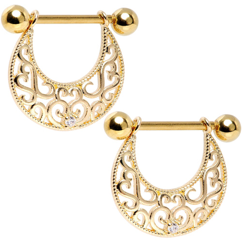 14G 9/16 Clear CZ Gem Gold Tone Abstract Heart Nipple Shield Set