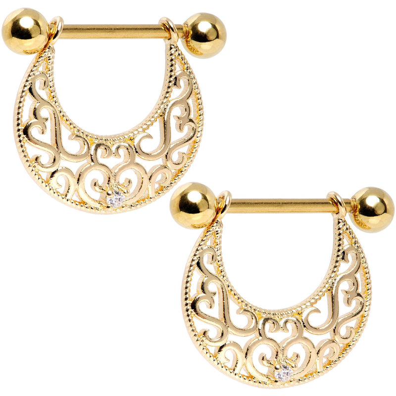 14G 9/16 Clear CZ Gem Gold Tone Abstract Heart Nipple Shield Set