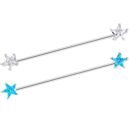 16G Clear Blue CZ Gem Stars Industrial Barbell Bonus Pack Set