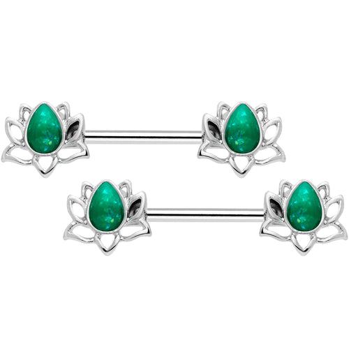 14G 9/16 Green Faux Opal Lotus Flower Barbell Nipple Ring Set