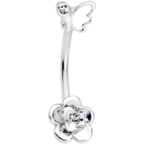 16G 3/8 Clear Gem White Butterfly Flower Curved Eyebrow Ring